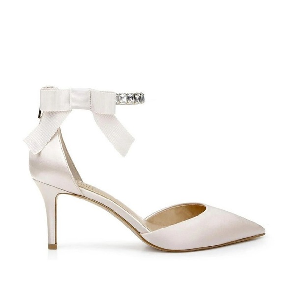 Badgley Mischka Ivory Satin Heels with Sparkling Ankle Strap - Picture 2 of 3